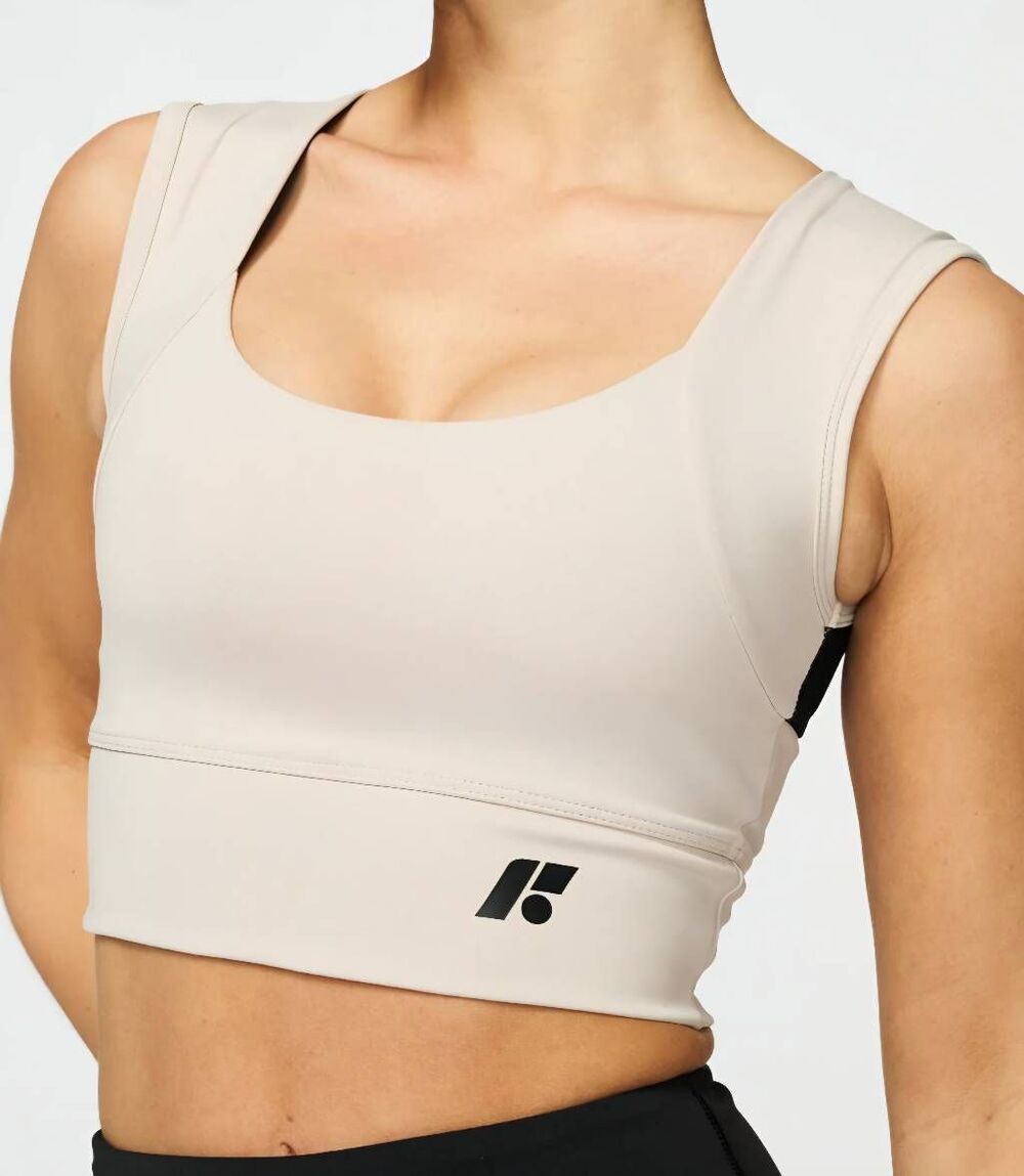 Scoop Neck Light Beige Sports Bra - Performance Support